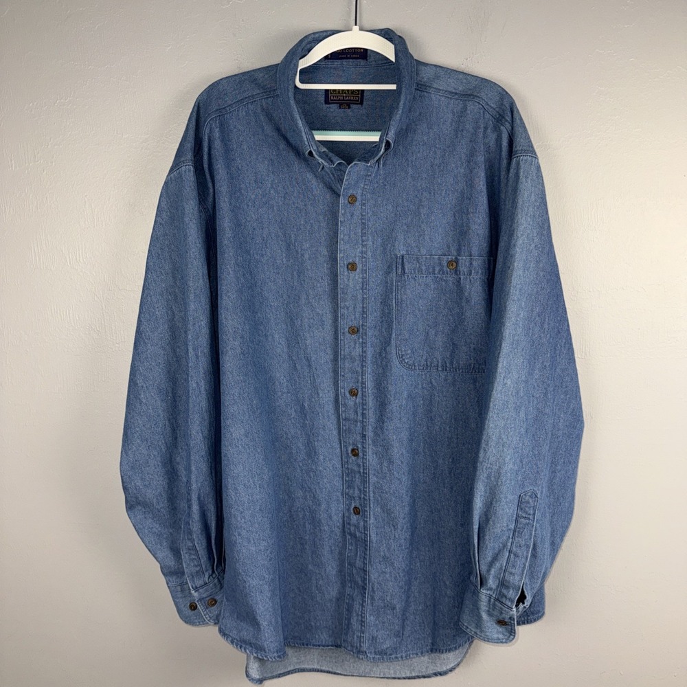 90's Vintage Chaps Ralph Lauren Denim Button Up Shirt Mens 17-34/35 (XL) Blue